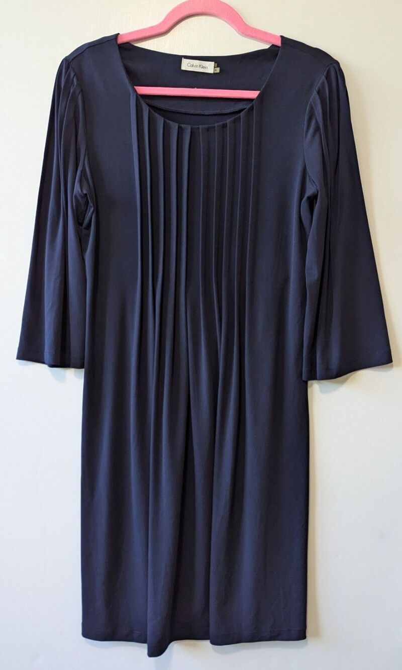Calvin Klein Navy Blue Stretchy 3/4 Sleeve Dress Scoop Neck Classic Size 4